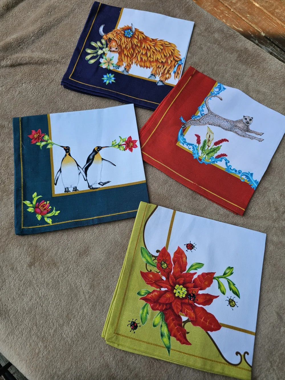 Anthropologie Set of 4 Colorful Illustrated Christmas Napkins